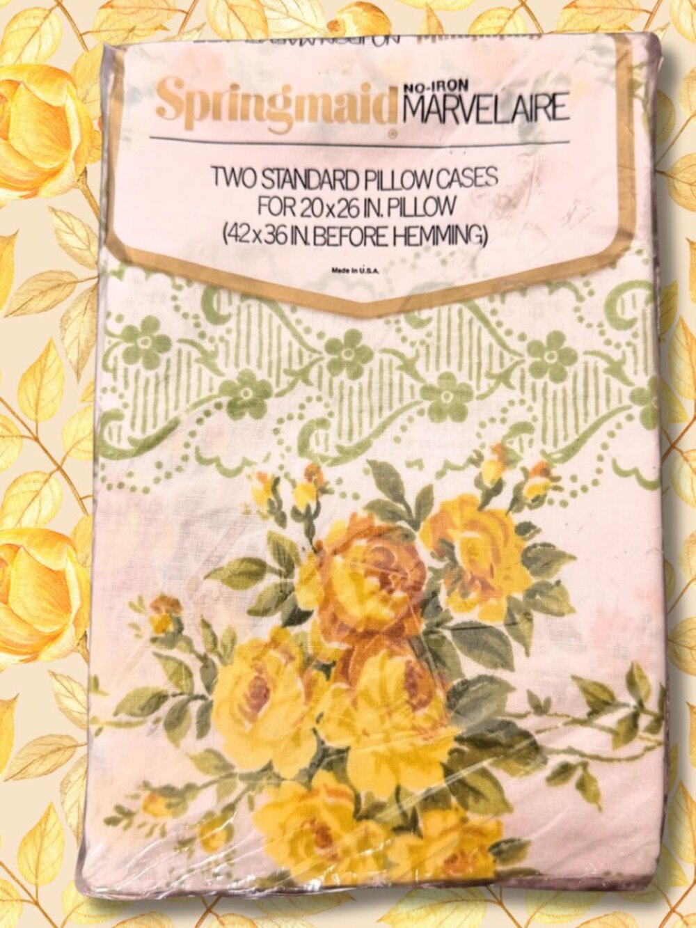 NOS Springmaid Marvelaire Pillowcases Yellow Roses Vintage NIP USA